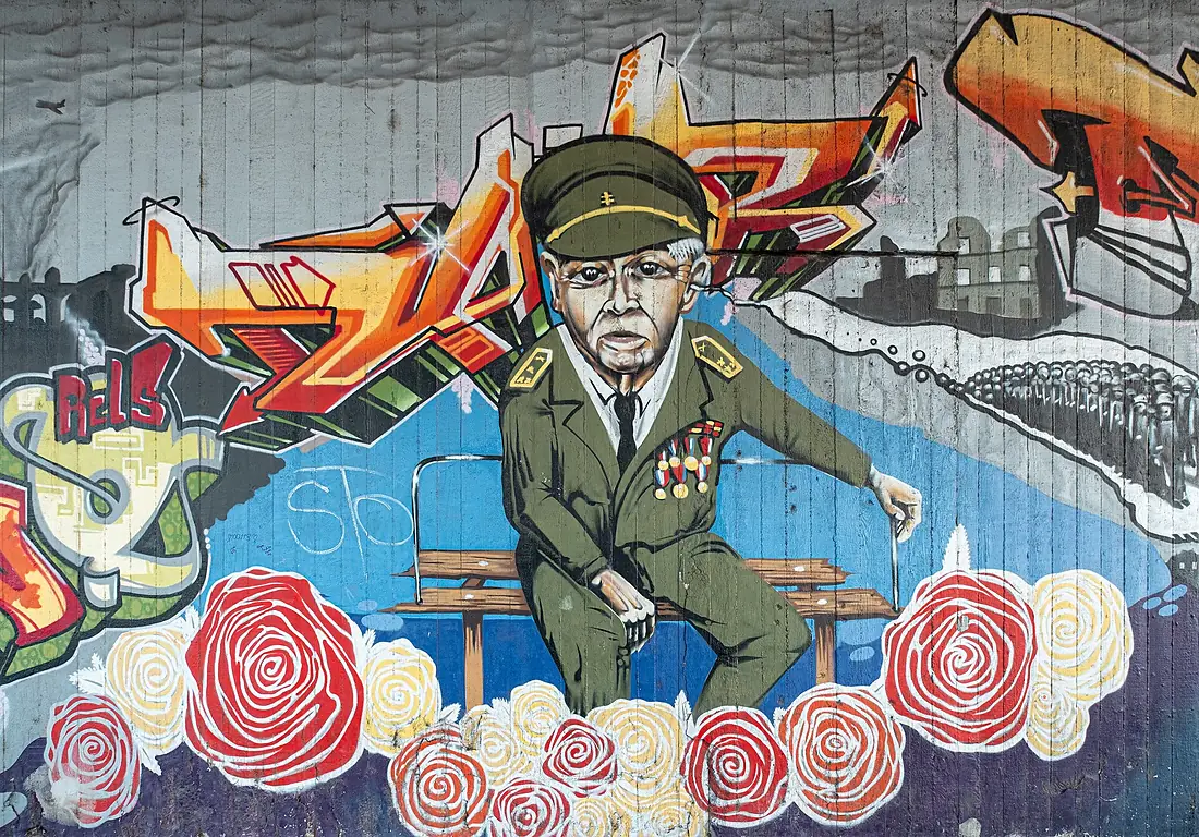 Mural on one of the pillars of the Most SNP (Bridge of the Slovak National Uprising) (Bratislava, Slovakia) julesvernex2