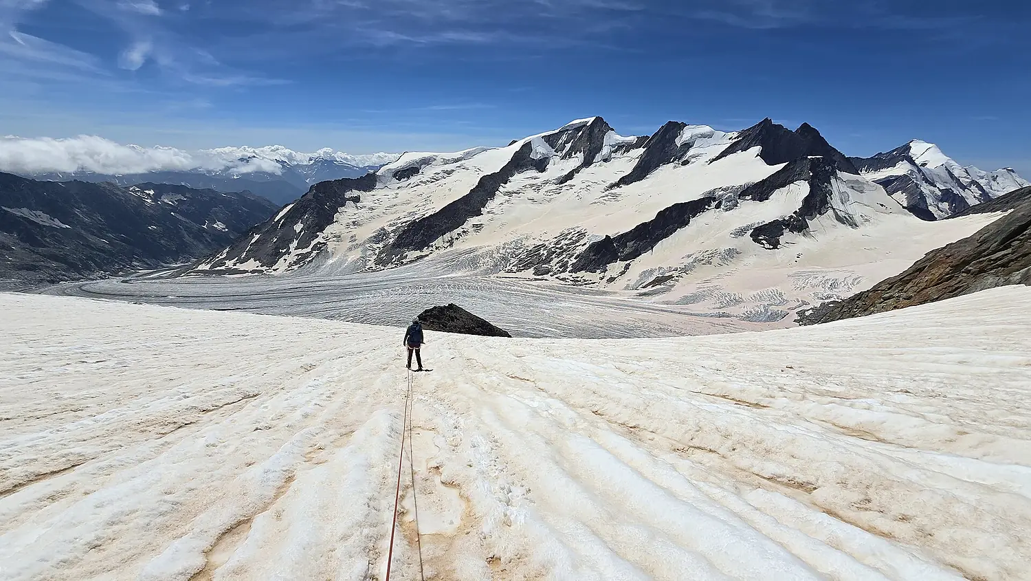 Descent from Finsteraarhorn, in the Background Walliser Fiescherfirn with Grosses Wannenhorn, Schönbühlhorn, Fiescher Gabelhron, Chamm and Aletschhorn