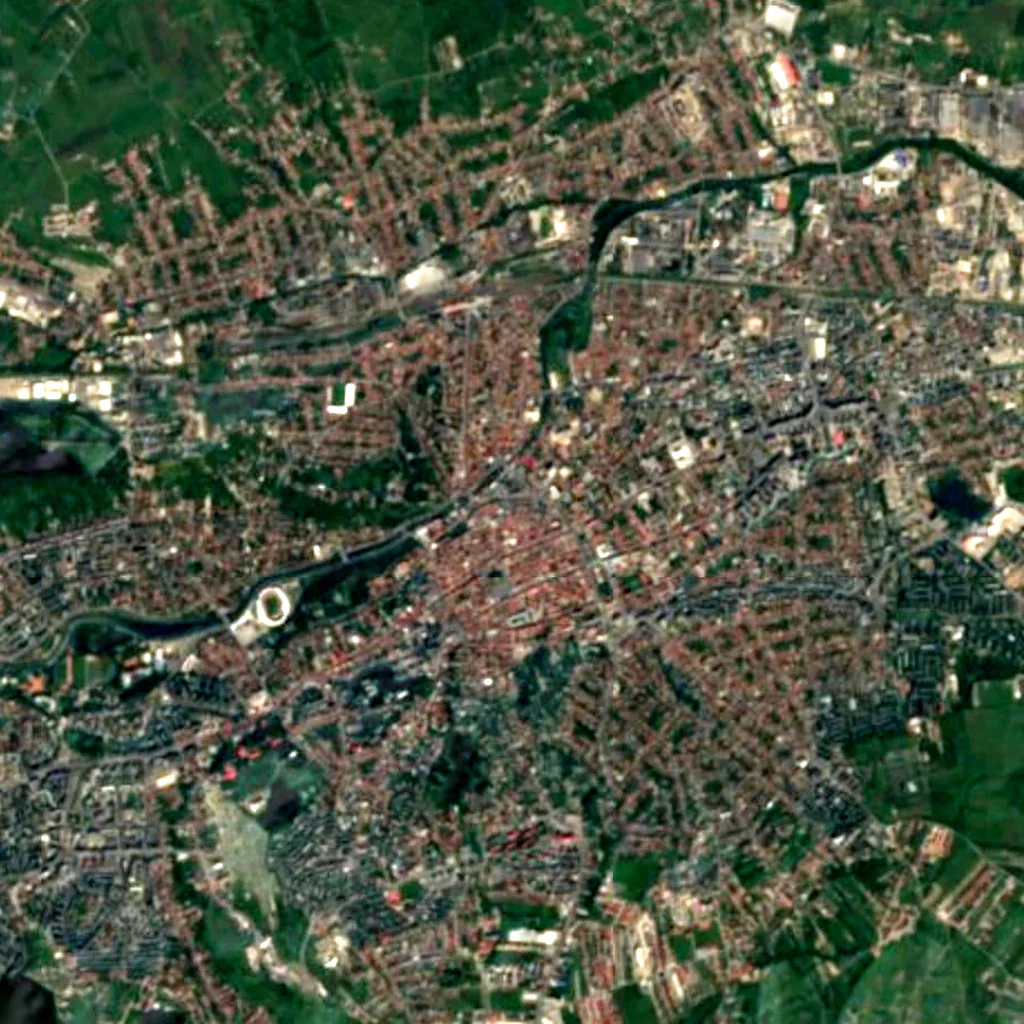 Firemen's tower in Cluj Napoca seen from above (Sentinel-2)
