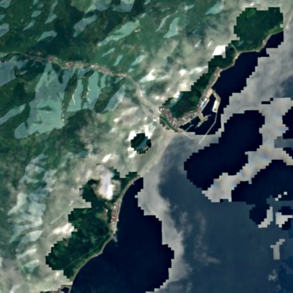 Rausu Kunashiri Observation Tower von oben gesehen (Sentinel-2)