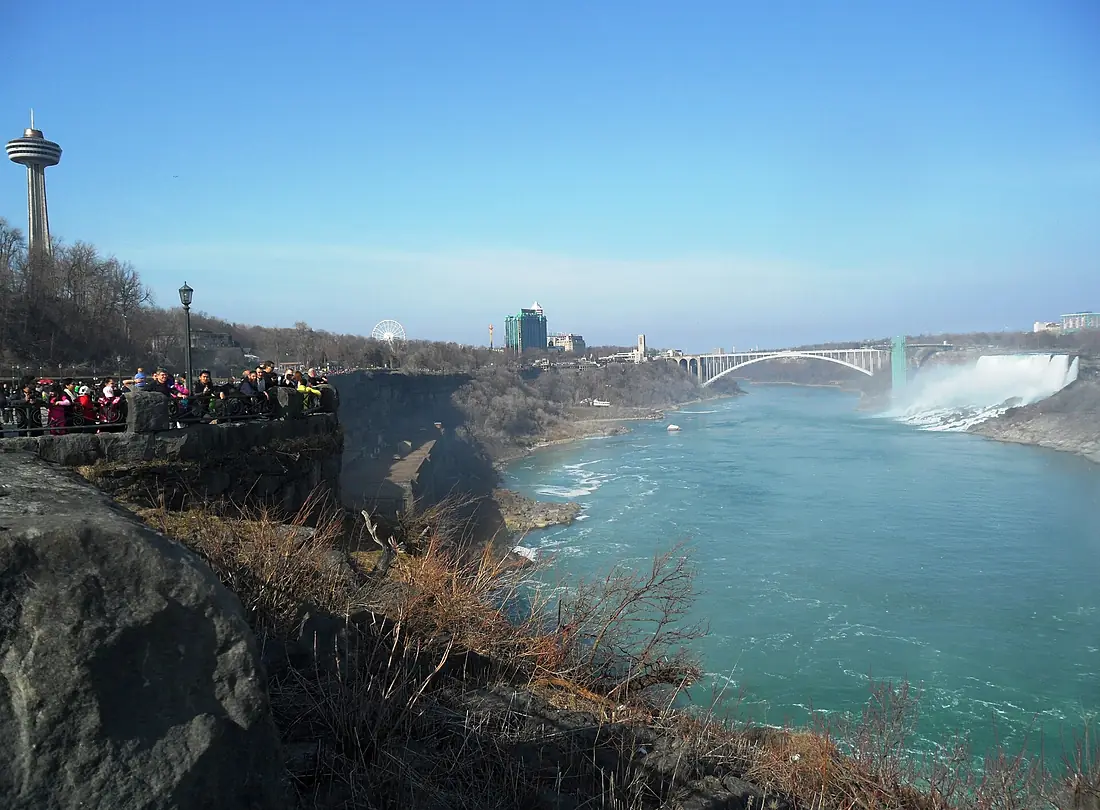 Rainbow Bridge American Falls and Bridal Veil Falls View from Niagara River Parkway Niagara Falls Ontario Canada